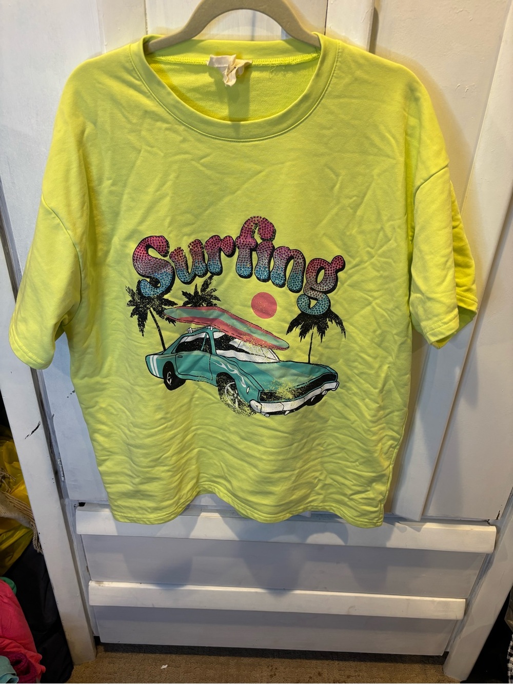 Fantastic Fawn Neon Yellow Surfing Graphic Tee with Teal Car